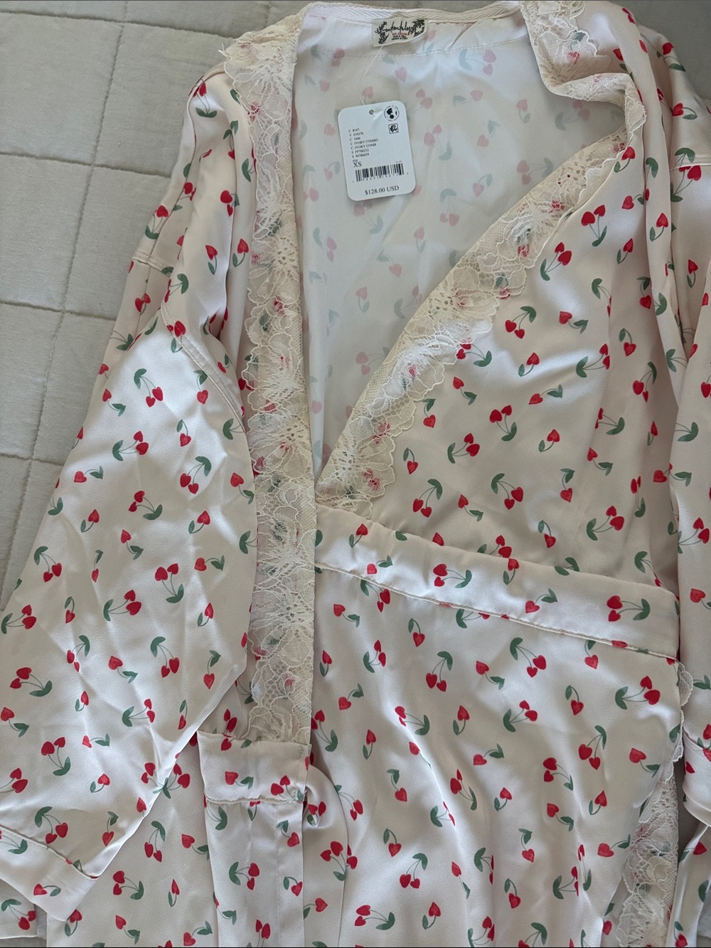 Free People Cream Satin Robe with Red Cherry Print and Green Leaves